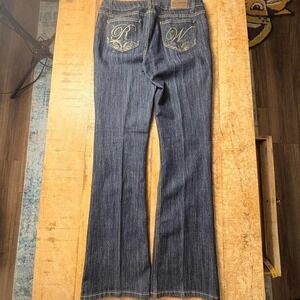 Rare vintage Rocawear navy slim bootcut jeans, yello stitching, embroidery Sz 11